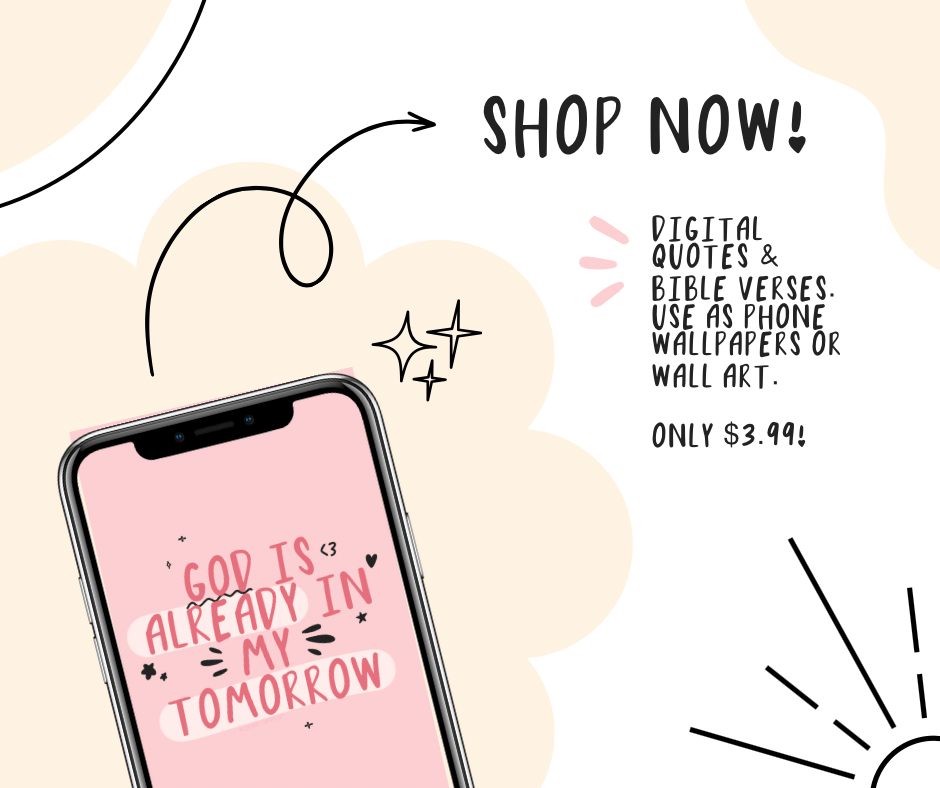 Christian wallpaper digital download featuring uplifting Bible verse quote “God is already in my tomorrow” on pink phone screen – inspirational phone wallpaper for anxiety relief and faith encouragement – only $3.99