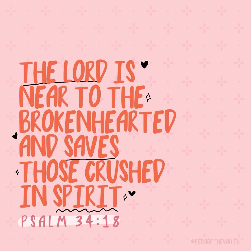 Pink and orange girly Bible verse artwork featuring Psalm 34:18, ‘The Lord is near to the brokenhearted,’ Christian wall art design