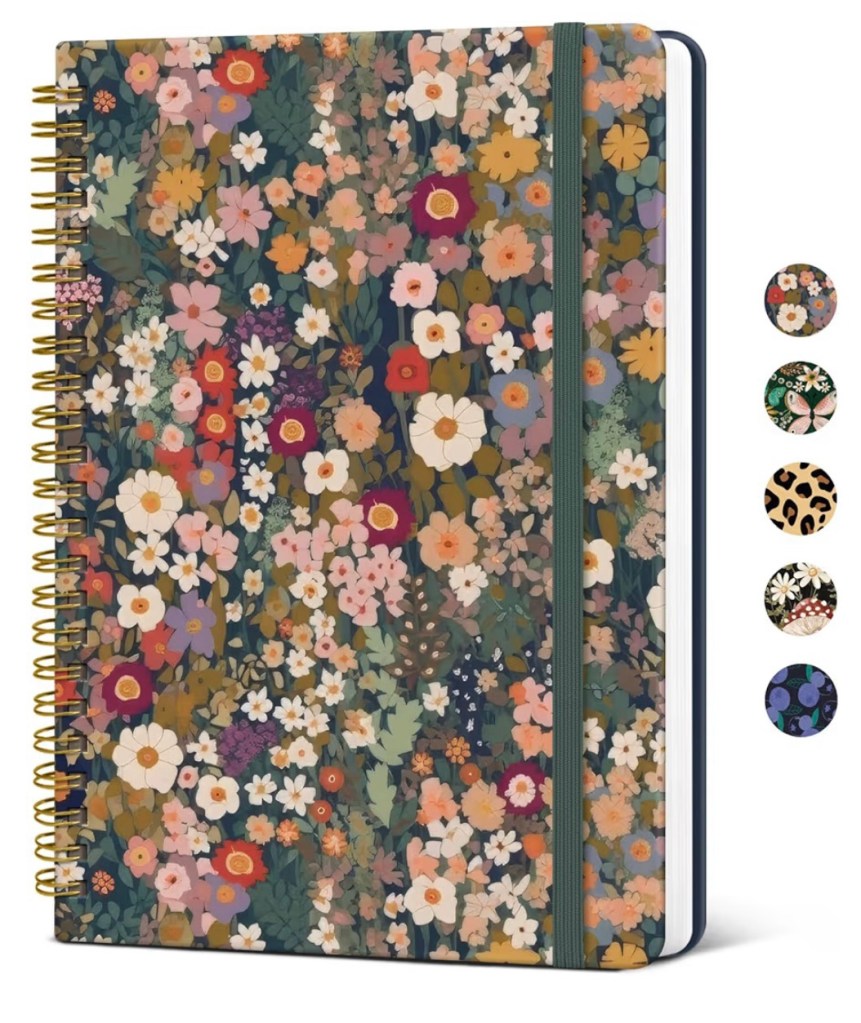 Beautiful dark floral spiral notebook with colorful wildflower pattern in soft pinks, greens, and mustard tones – perfect as a Christian women’s prayer journal or Bible study notebook for daily devotionals, Scripture writing, and Christian anxiety help through Bible verses and prayer.