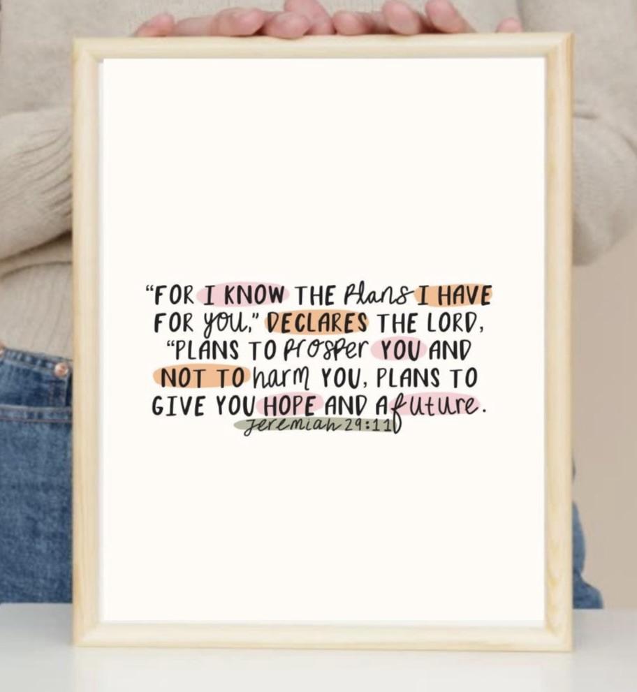 Framed Jeremiah 29:11 printable wall art with soft pastel highlights: “For I know the plans I have for you… plans to prosper you and not to harm you, plans to give you hope and a future.” Cozy Christian devotional print for anxiety relief and encouragement, exploring biblical truth on whether is anxiety a sin for Christians. Digital download from Fern of the Valley Etsy shop.