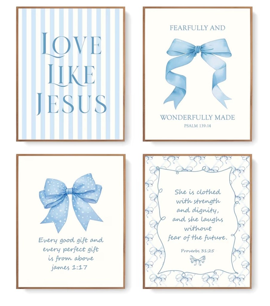 Set of 4 framed Christian nursery wall art prints with soft blue coquette bows and Bible verses. Features “Love Like Jesus”, “Fearfully and Wonderfully Made” (Psalm 139:14), “Every good gift… from above” (James 1:17), and “She is clothed with strength and dignity” (Proverbs 31:25). Calming scripture decor for girls to ease anxiety and fear. Ideal baby girl nursery gift.