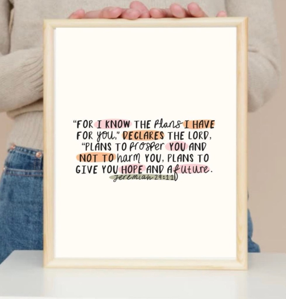 Cozy framed Jeremiah 29:11 Bible verse printable wall art in soft pastel colors with handwritten font highlighting “plans to prosper you and not to harm you, plans to give you hope and a future” – perfect Christian wall decor for anxiety relief, overcoming christian anxiety about salvation fear, and daily encouragement in faith.