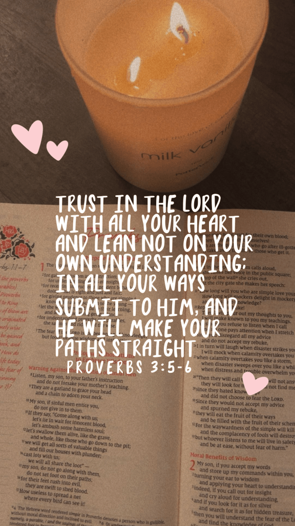 Bible verse Proverbs 3:5–6 written in a soft, calming style, reminding Christians to trust in the Lord with all their heart. A peaceful Scripture image focused on faith, guidance, and finding peace of mind through God’s direction, often shared for Christian mental health, anxiety relief, and emotional encouragement.