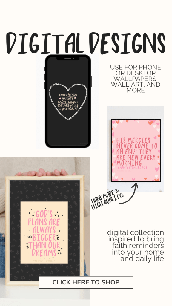 Promotional graphic for Christian anxiety shop digital downloads – mockups of printable Bible verses for anxiety relief, pink Lamentations wallpaper ‘His Mercies Never Come to an End,’ framed scripture art, and phone backgrounds for daily faith reminders.