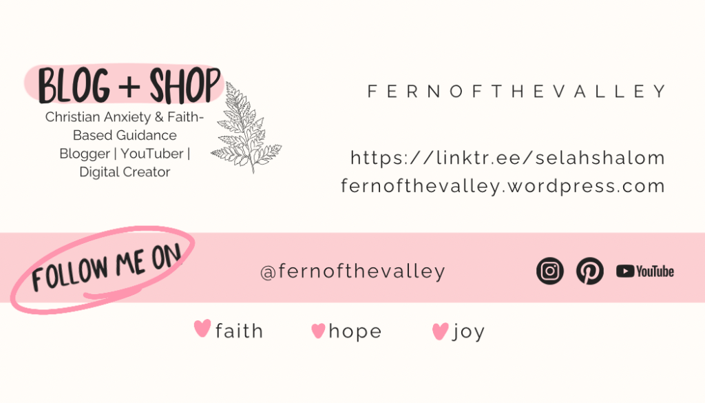 Business card for Selah, Christian blogger and digital creator, highlighting a faith-based approach to managing anxiety as a Christian, with website link and social media handles for devotionals, printables, and mental health resources.