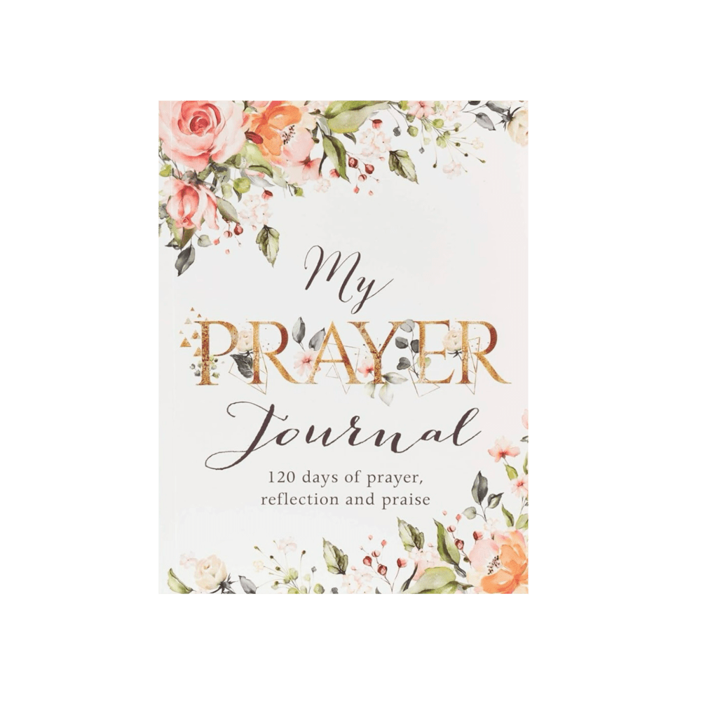 My Prayer Journal cover with soft pink floral watercolor design: ‘120 days of prayer, reflection and praise’. Perfect companion for how to practice Christian meditation for beginners – daily Scripture reflection, gratitude, and quiet time with God. Cozy feminine aesthetic. 
