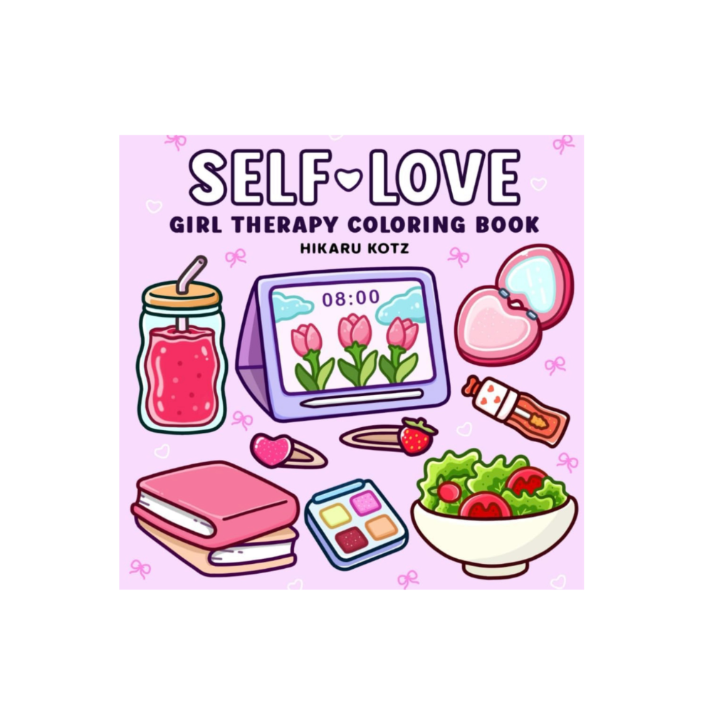 Pastel pink cover of ‘Self-Love Girl Therapy Coloring Book’ by Hikaru Kotz, with cute illustrations of self-care items like smoothies, journals, makeup, and salads—ideal for stress and worry relief coloring books for adults.