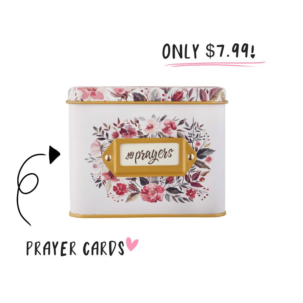 Beautiful floral prayer cards tin with pink and burgundy blossoms, labeled “My Prayers” in gold – affordable Christian prayer cards for daily devotionals and anxiety with Gods word. Only $7.99! Perfect faith-based tool for peace and gratitude journaling.
