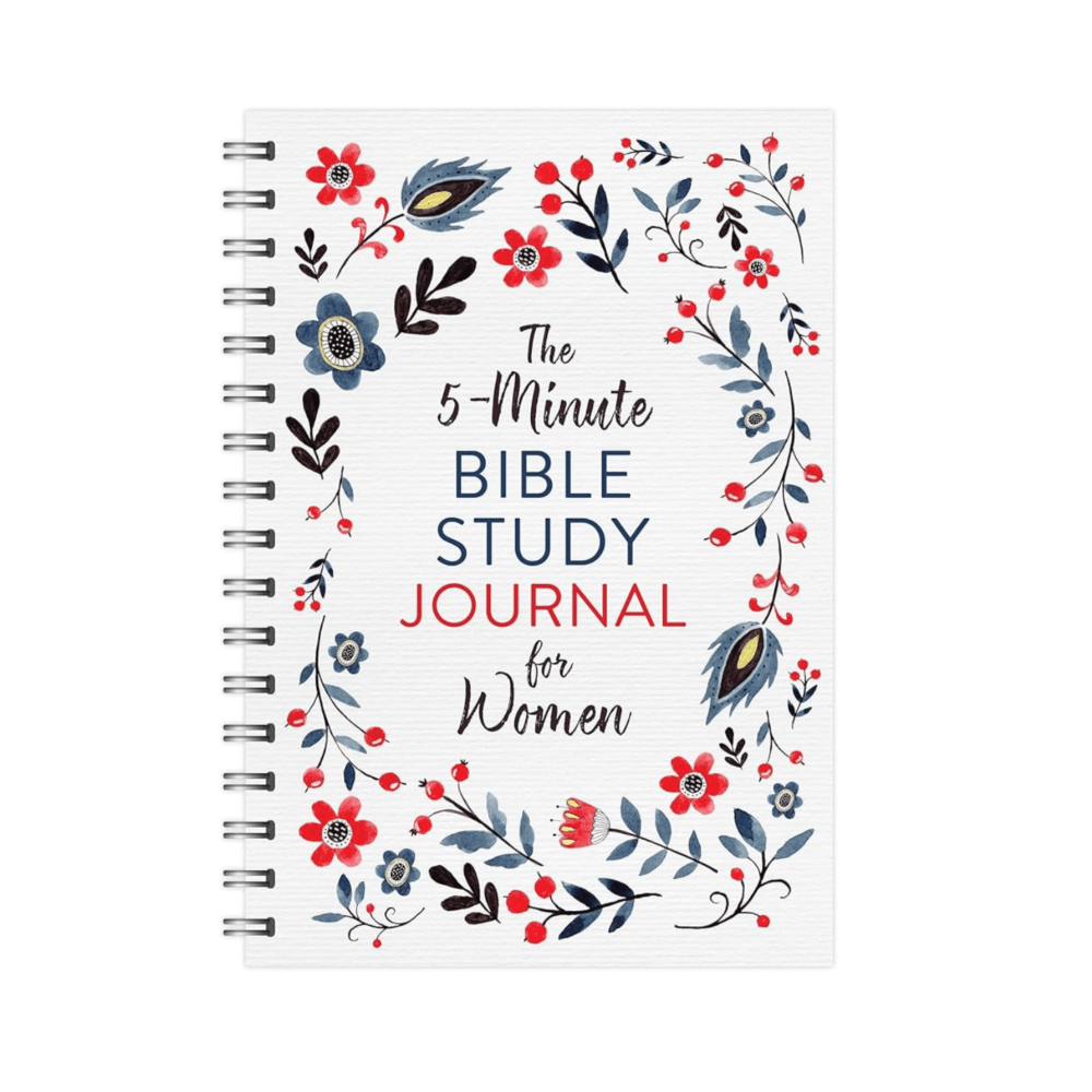 Cover of “The 5-Minute Bible Study Journal for Women” – a spiral-bound devotional journal with floral watercolor design in red, blue, and black flowers, leaves, and berries. Perfect for quick Bible studies and overcoming anxiety. Is Anxiety a Symptom of Weak Faith or Something Deeper? Christian women’s devotional for faith and peace.