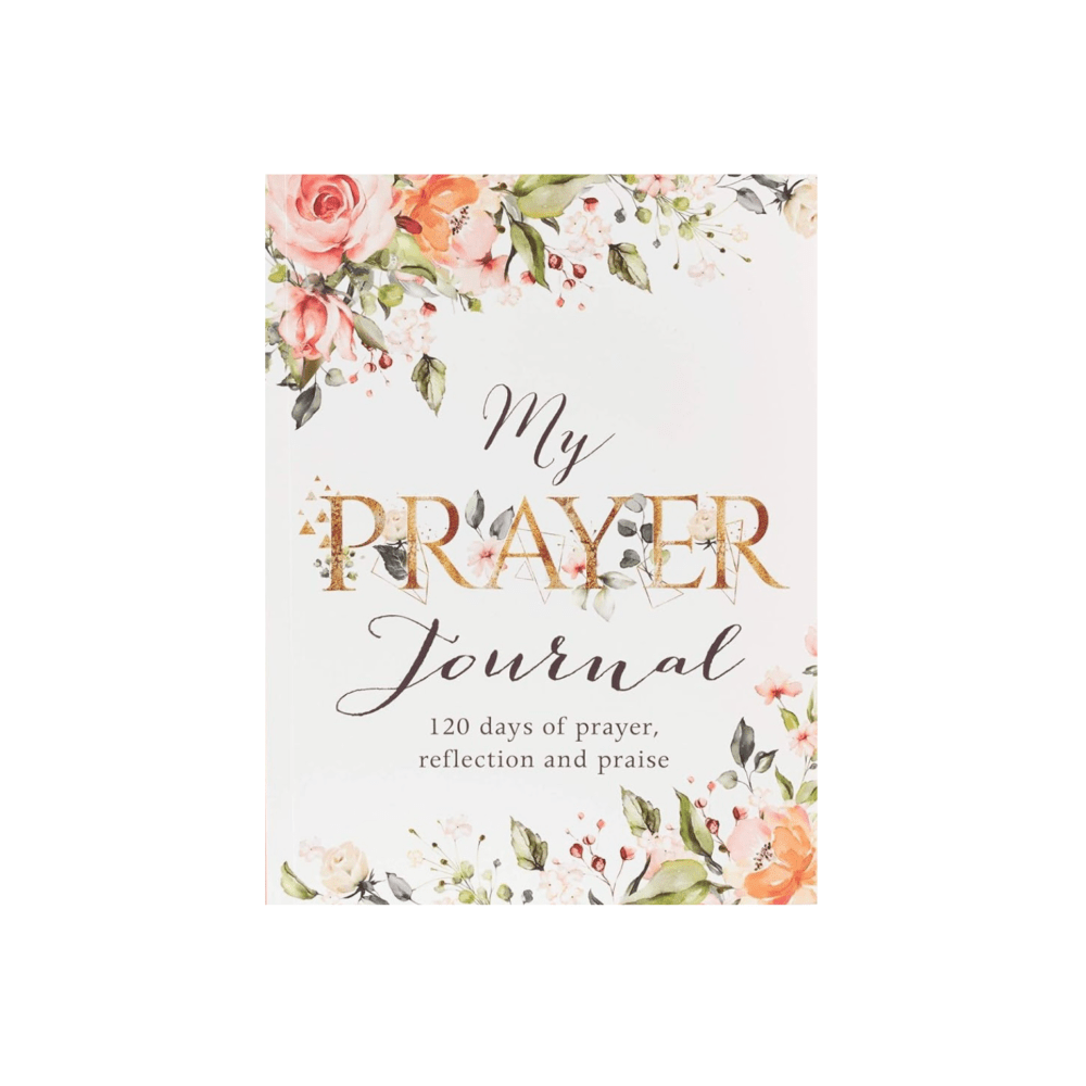 Elegant floral Christian prayer journal with gold lettering, featuring 120 days of guided prayer, reflection, and praise