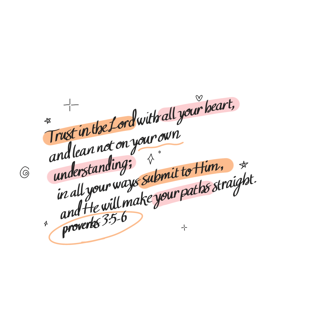 Handwritten Christian calligraphy of Proverbs 3:5-6 “Trust in the Lord with all your heart and lean not on your own understanding; in all your ways submit to Him, and He will make your paths straight,” with orange highlighted phrases, delicate hearts, stars, and flourishes. Titled as part of “A Devotional on Genesis 28:10-17” series, minimalist bible verse art perfect for printables, wallpapers, or faith-inspired decor.
