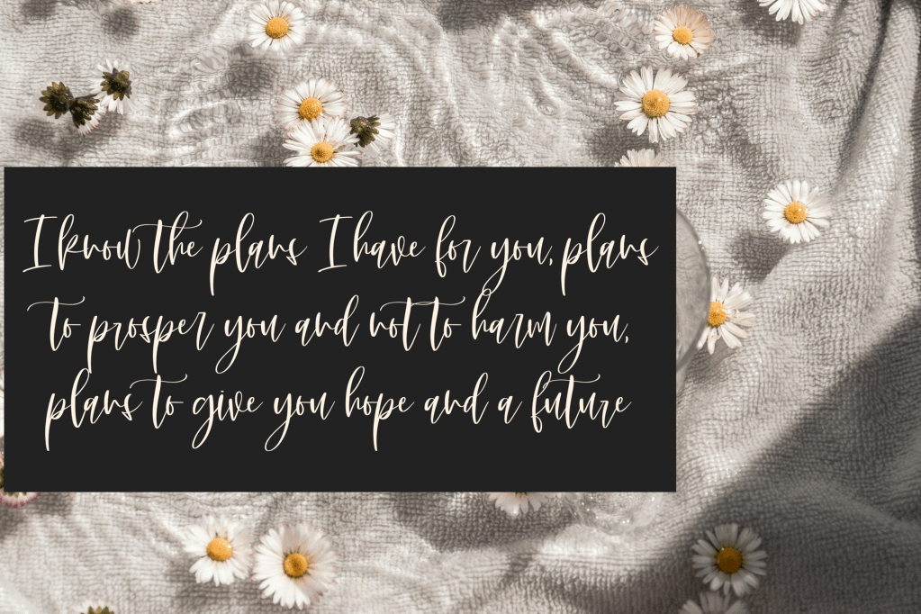 Bible Verses That Calm Worry and Anxious Thoughts: Jeremiah 29:11 displayed in elegant white cursive text on a black background, surrounded by soft white daisies scattered on a textured gray blanket