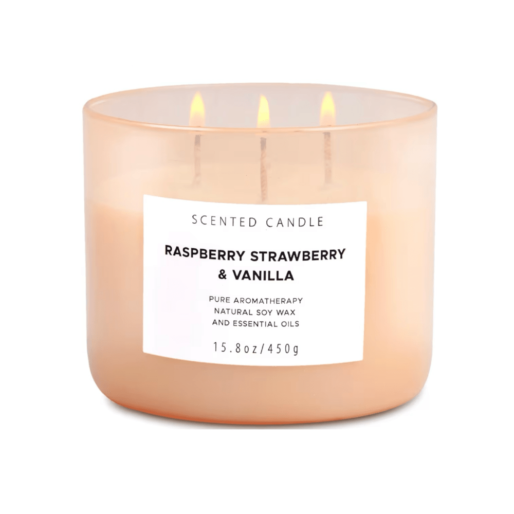 Cozy 3-wick soy candle in blush pink frosted jar, scented with Raspberry Strawberry & Vanilla, lit with three flames for prayer and Bible study ambiance